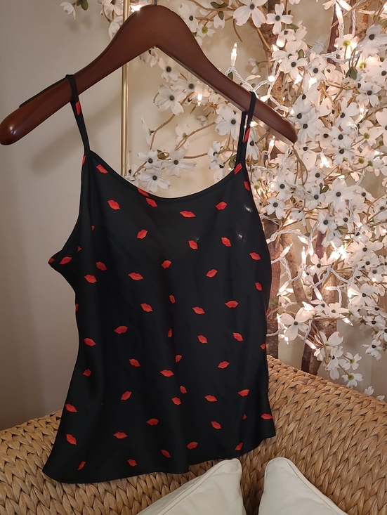 a new day Tops - NWT Black Satin Cami with Red Lip Print